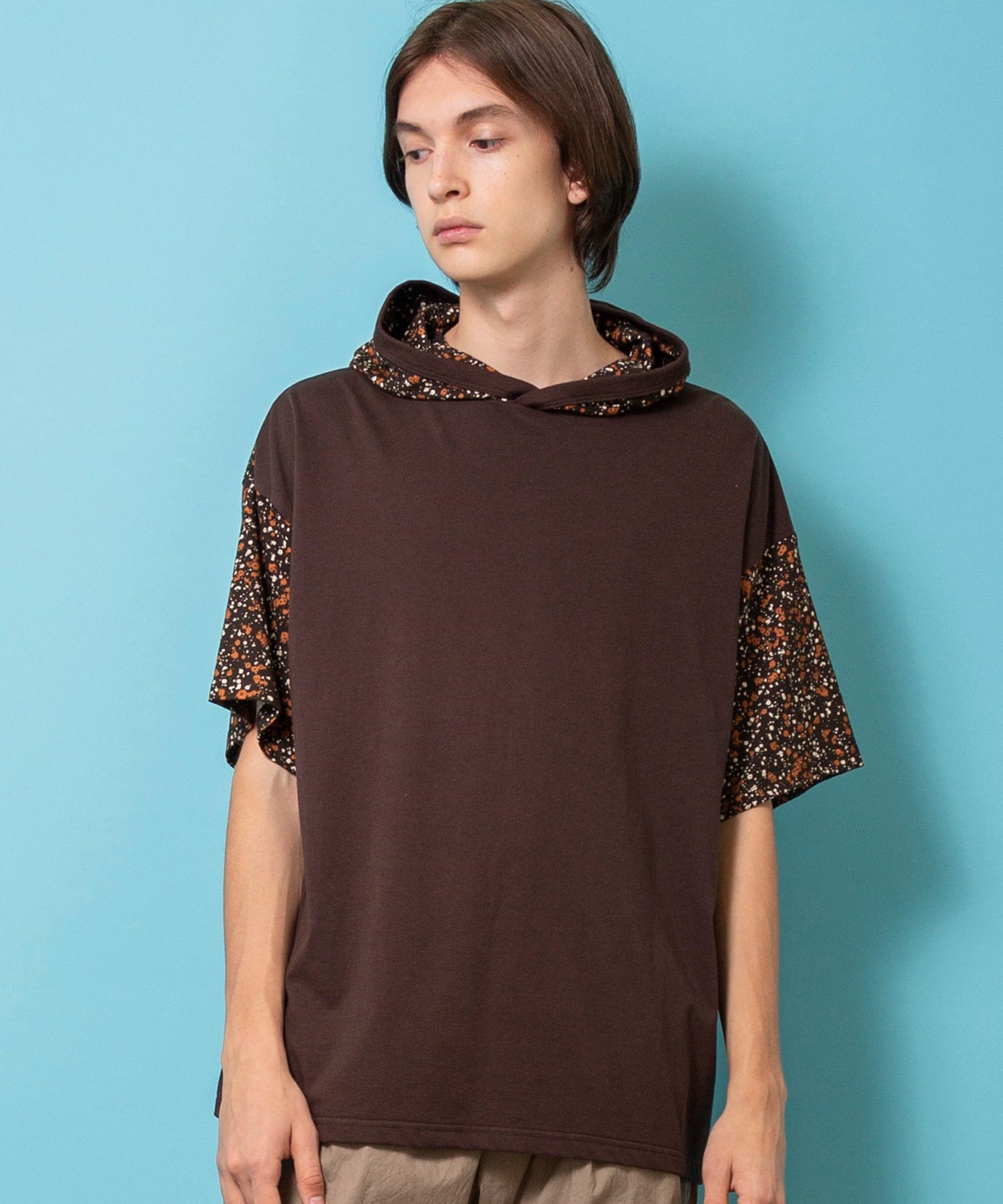 Comfort jersey flower print wide hoodie S/S