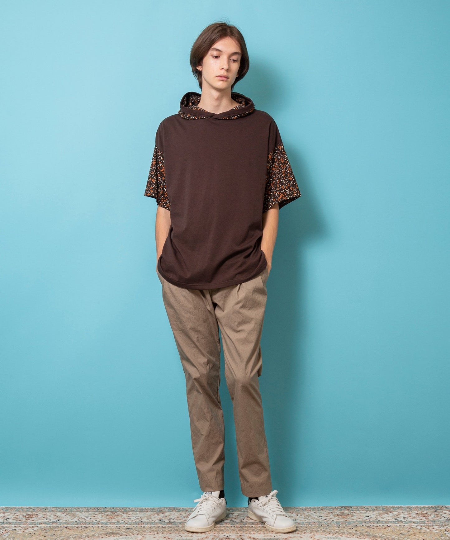 Comfort jersey flower print wide hoodie S/S